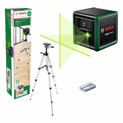 Bosch Quigo Green Set: ein grüner Kreuzlinienlaser, ein verstellbares Stativ und zwei Batterien. Verpackung zeigt das Produkt im Einsatz.