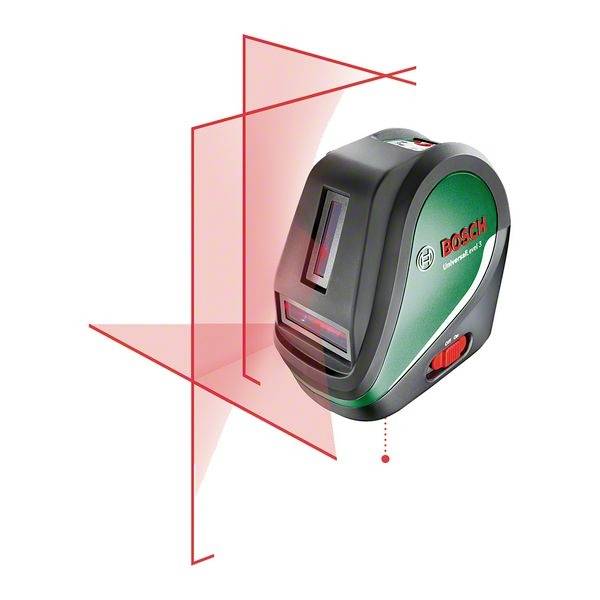 Ein grüner und schwarzer Laser-Entfernungsmesser mit rotem Laserstrahl in Form eines Kreuzes. Geeignet zur exakten Vermessung.