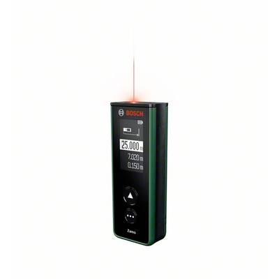 Laser-Entfernungsmesser von Bosch mit digitalem Display, zeigt Messungen von 25 Metern, 7.2 Metern, und 0.15 Metern an.