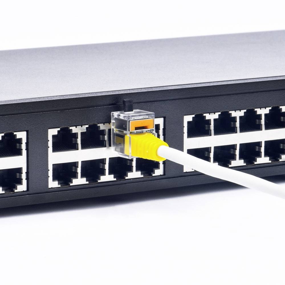 Ein Netzwerkkabel ist in einen Netzwerk-Switch eingesteckt, der mehrere Ethernet-Ports aufweist. Dies illustriert eine Internetverbindung.