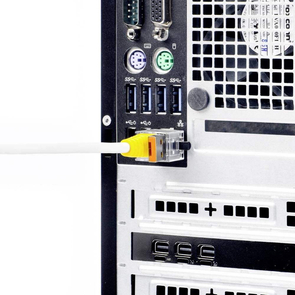 Ein Ethernet-Kabel ist mit der Rückseite eines Computers verbunden. Steckplätze und Lüfter sind ebenfalls zu sehen.