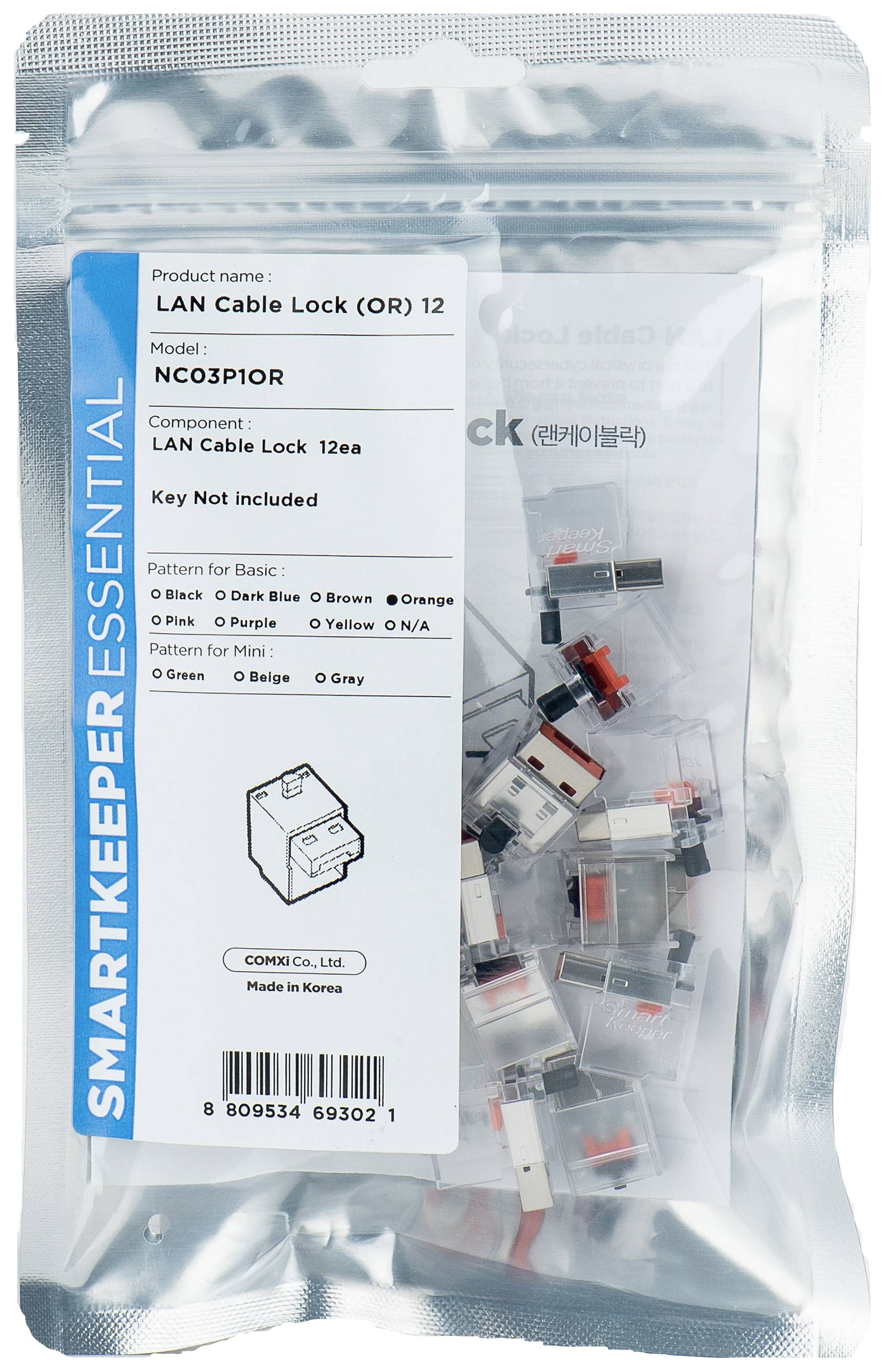 LAN-Kabelschloss (OR) 12 von Smartkeeper Essential in Kunststoffverpackung. Modell: NC03P10R. Enthält 12 Stück. Schlüssel nicht enthalten.