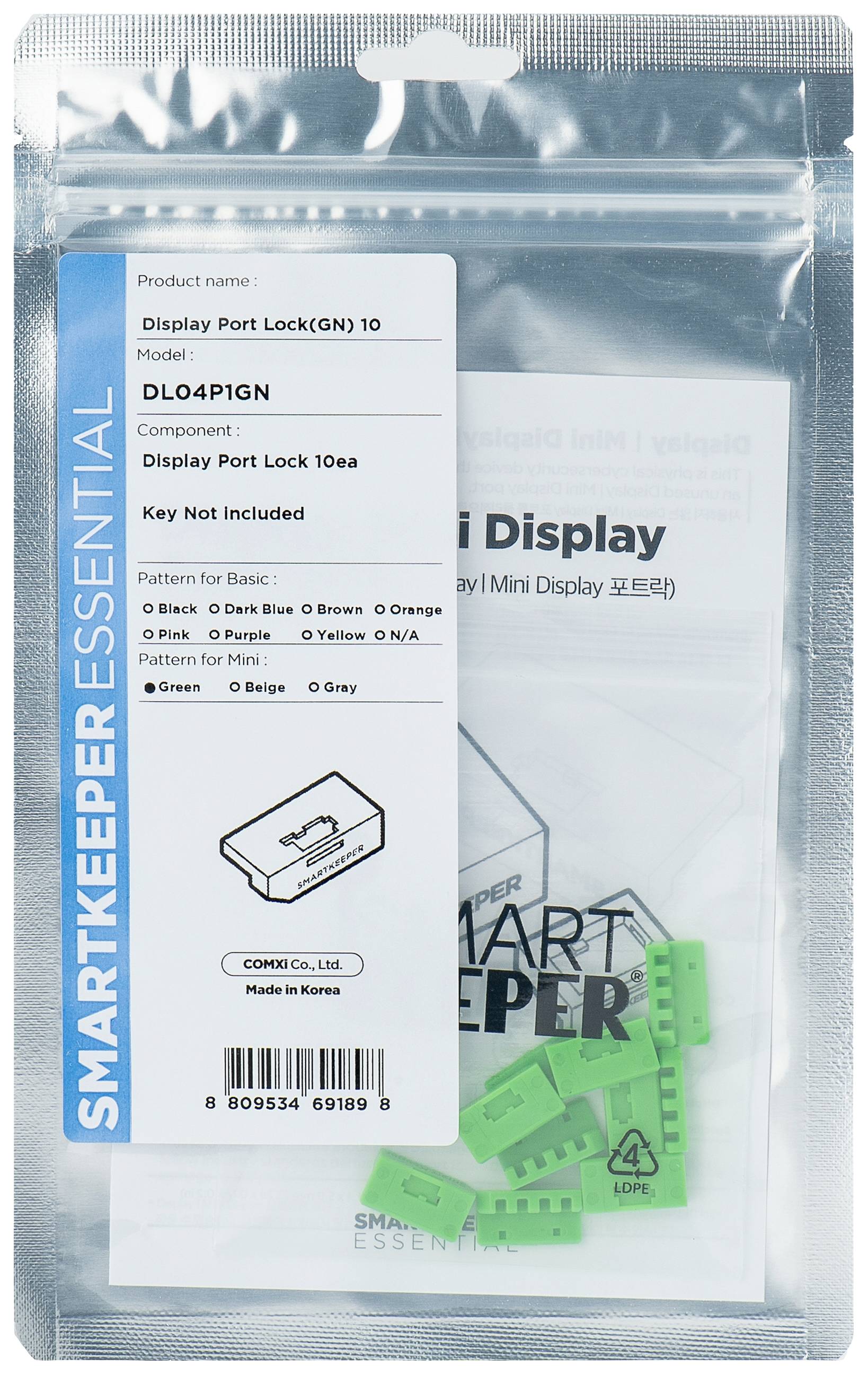 Eine Packung mit 'Display Port Lock' in Grün, zehn Stück. Anleitung und Produktinformationen sichtbar. Schlüssel nicht enthalten.