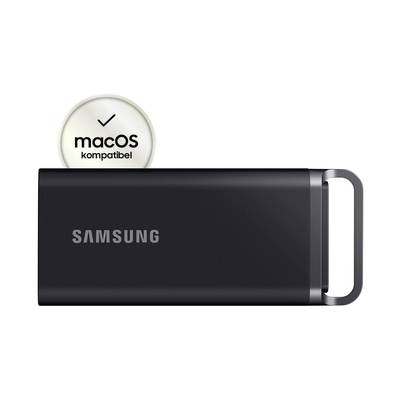 Schwarze Samsung Portable SSD mit metalischem Rand. Aufkleber zeigt 'macOS kompatibel'. Ideal für schnellen und sicheren Datenzugriff.