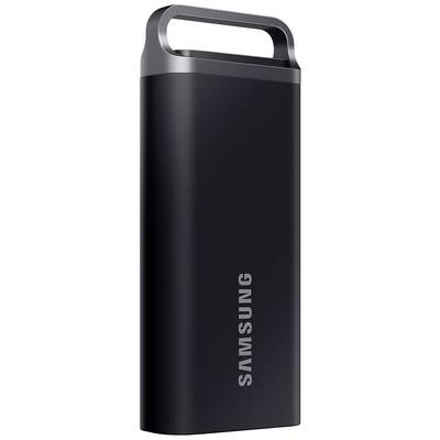 Externe SSD-Festplatte von Samsung in Schwarz mit silbernem Schriftzug. Schlankes, tragbares Design mit integriertem Trageriemen.