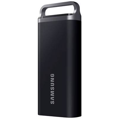 Tragbare Samsung SSD-Festplatte in Schwarz, schlankes Design mit einem robusten Gehäuse für erhöhte Datensicherheit.