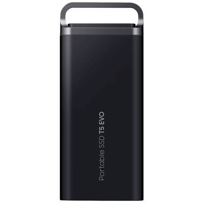 Schwarze, vertikale, tragbare SSD mit der Aufschrift 'Portable SSD T5 EVO' auf der Vorderseite.