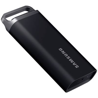 Schwarze externe Samsung SSD-Festplatte mit USB-C-Anschluss in einem rechteckigen, kompakten Design.