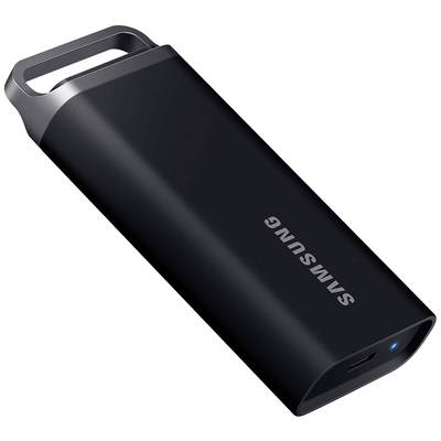 Externe schwarze Festplatte von Samsung in rechteckigem Design mit abgerundeten Kanten und einem USB-C-Anschluss an der Vorderseite.