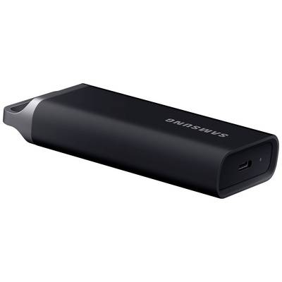 Ein schwarzes, rechteckiges USB-Laufwerk mit 'Samsung'-Aufschrift, abgerundeten Ecken und USB-Anschluss an der Vorderseite.