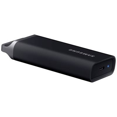 Schwarzes USB-Laufwerk mit silberner Kappe und 'Samsung' Schriftzug, LED-Anzeige leuchtet blau.