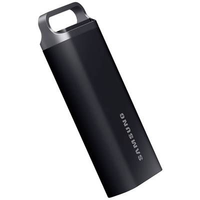 Schwarze, schlanke SSD-Festplatte mit Samsung-Logo, rechteckige Form, Metall-Oberfläche, bietet tragbaren Speicherplatz.