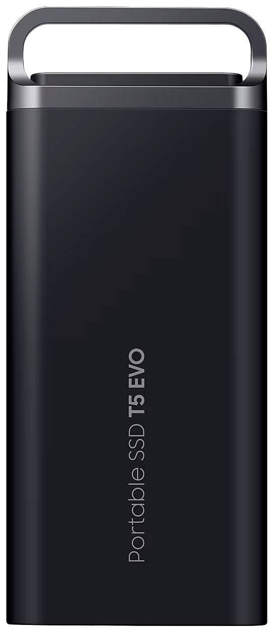Schwarze tragbare SSD mit Aufschrift 'Portable SSD T5 EVO'. Ein kompaktes, modernes Design mit Griff an der Oberseite.