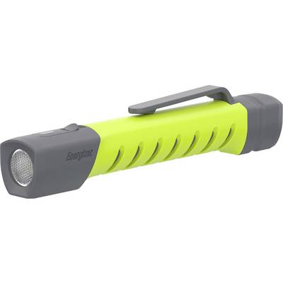 Eine Taschenlampe mit grauer Front und neon-gelbem Körper. Sie hat eine praktische Clip-Halterung und seitliche Rillen für besseren Halt.