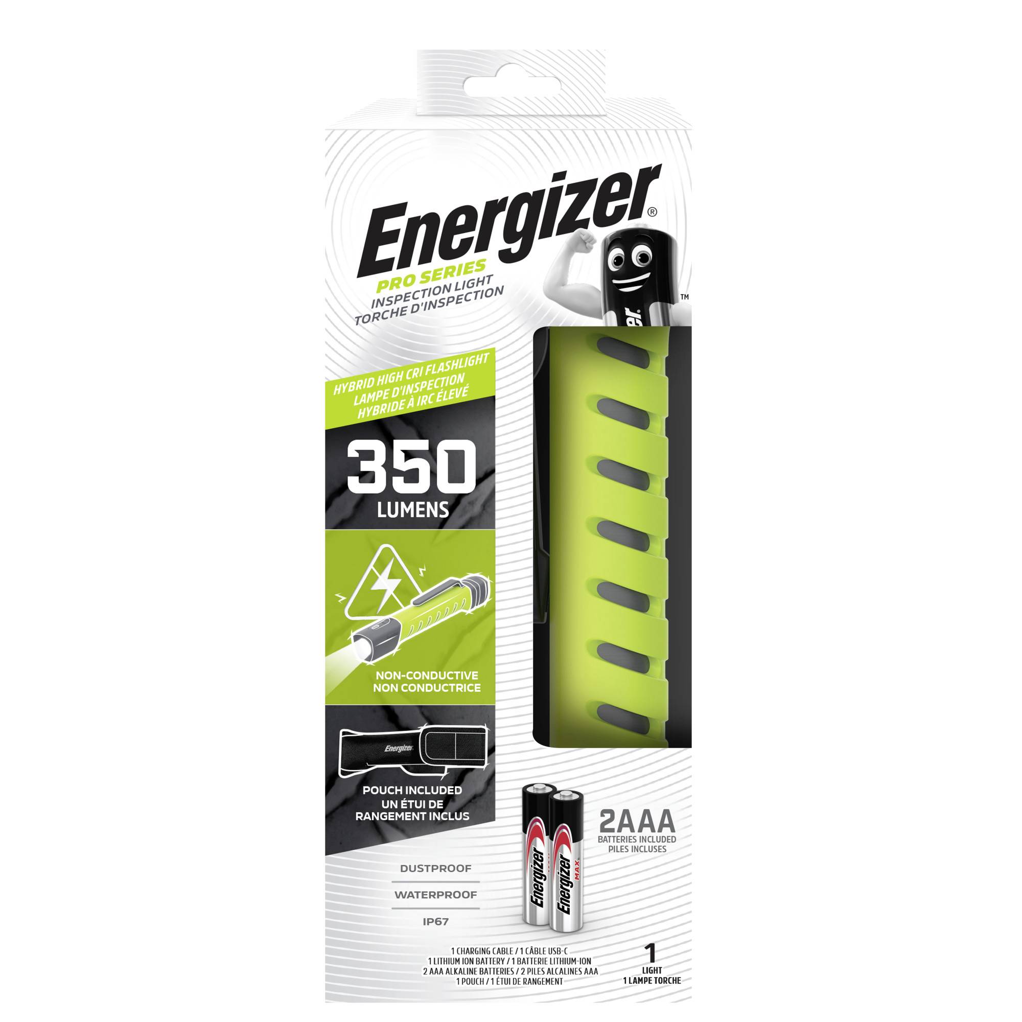 Eine grüne Taschenlampe der Marke Energizer in einer Verpackung, die mit 350 Lumen leuchtet. Zwei AAA-Batterien sind enthalten.