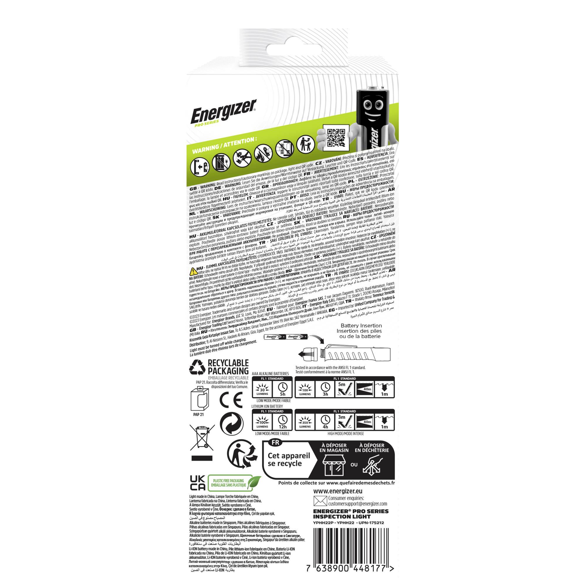 Energizer-Batterieverpackung, Rückseite mit Warnhinweisen, Recycling-Symbolen und QR-Code für Produktinformationen.