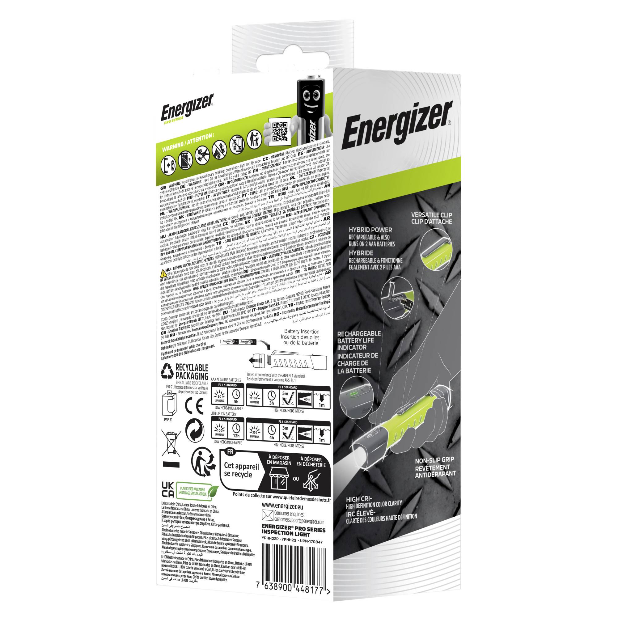 Verpackung einer Energizer-Taschenlampe mit Grafiken zur Handhabung und Recycling-Informationen. Produktbilder im Hintergrund.