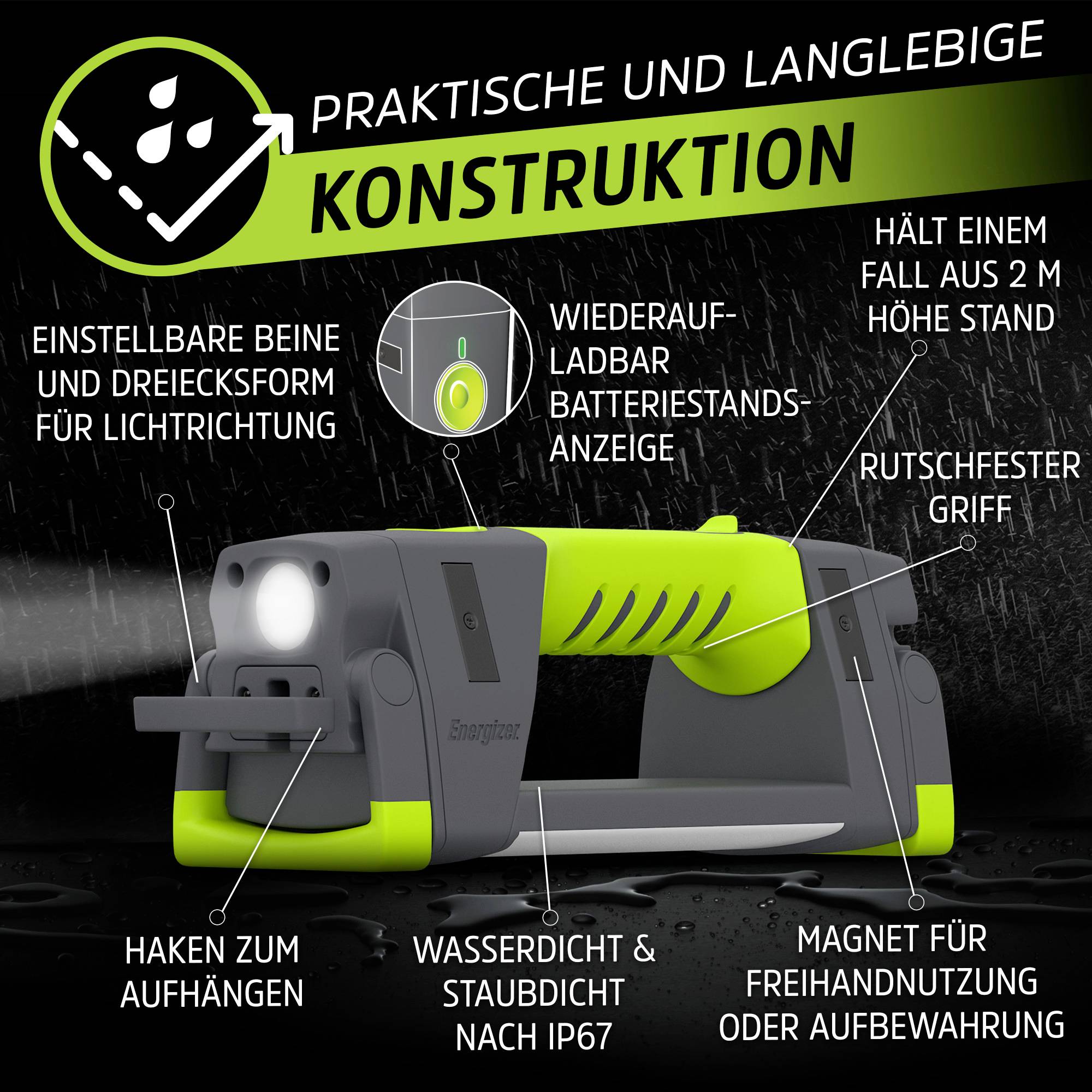 Tragbare LED-Lampe mit einstellbarem Licht, wiederaufladbar, rutschfestem Griff, Haken und magnetisch. Wasser- und staubdicht nach IP67.