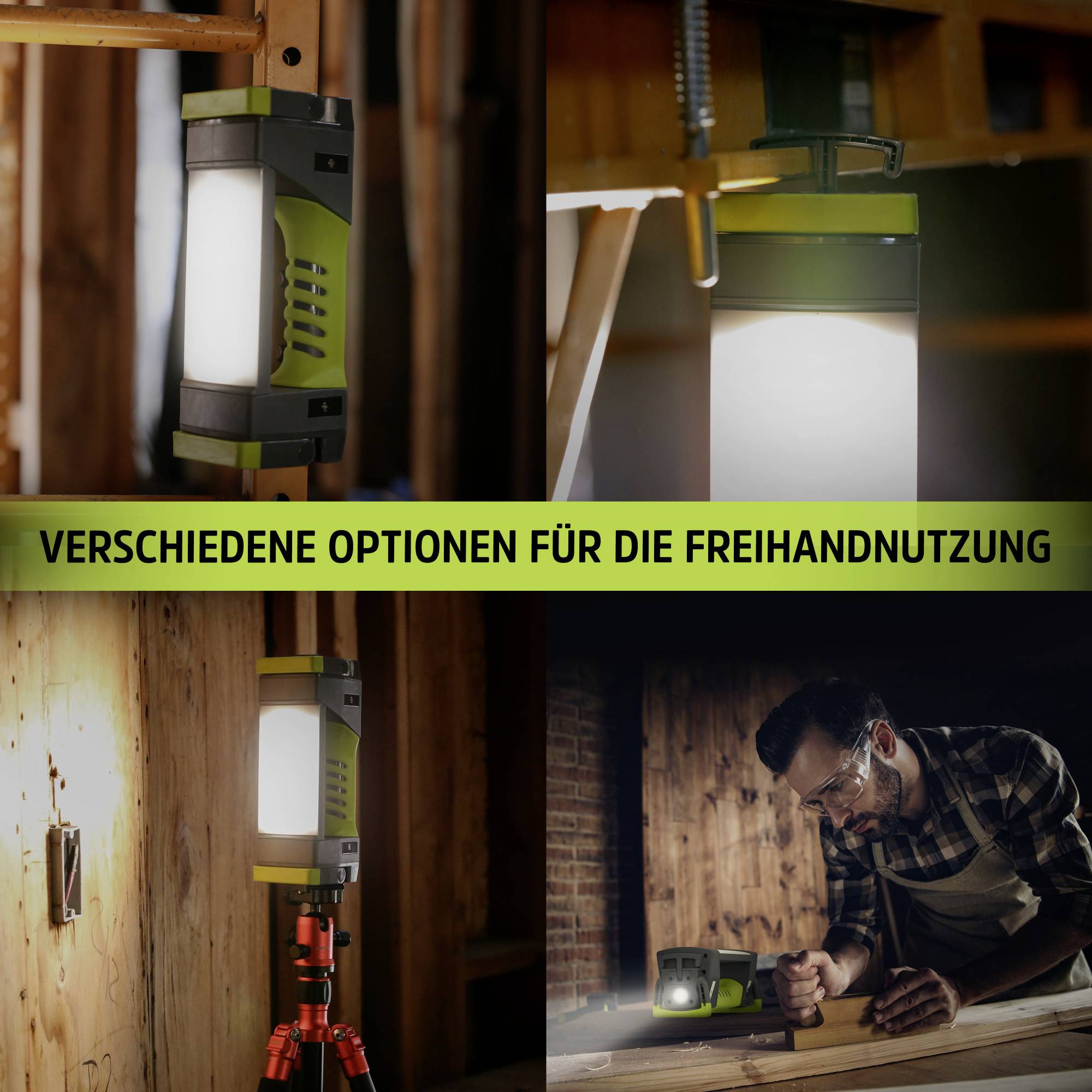 Die Grafik zeigt verschiedene Einsatzmöglichkeiten einer Arbeitslampe: an einem Haken, am Boden, auf einem Stativ und von einer Person genutzt.