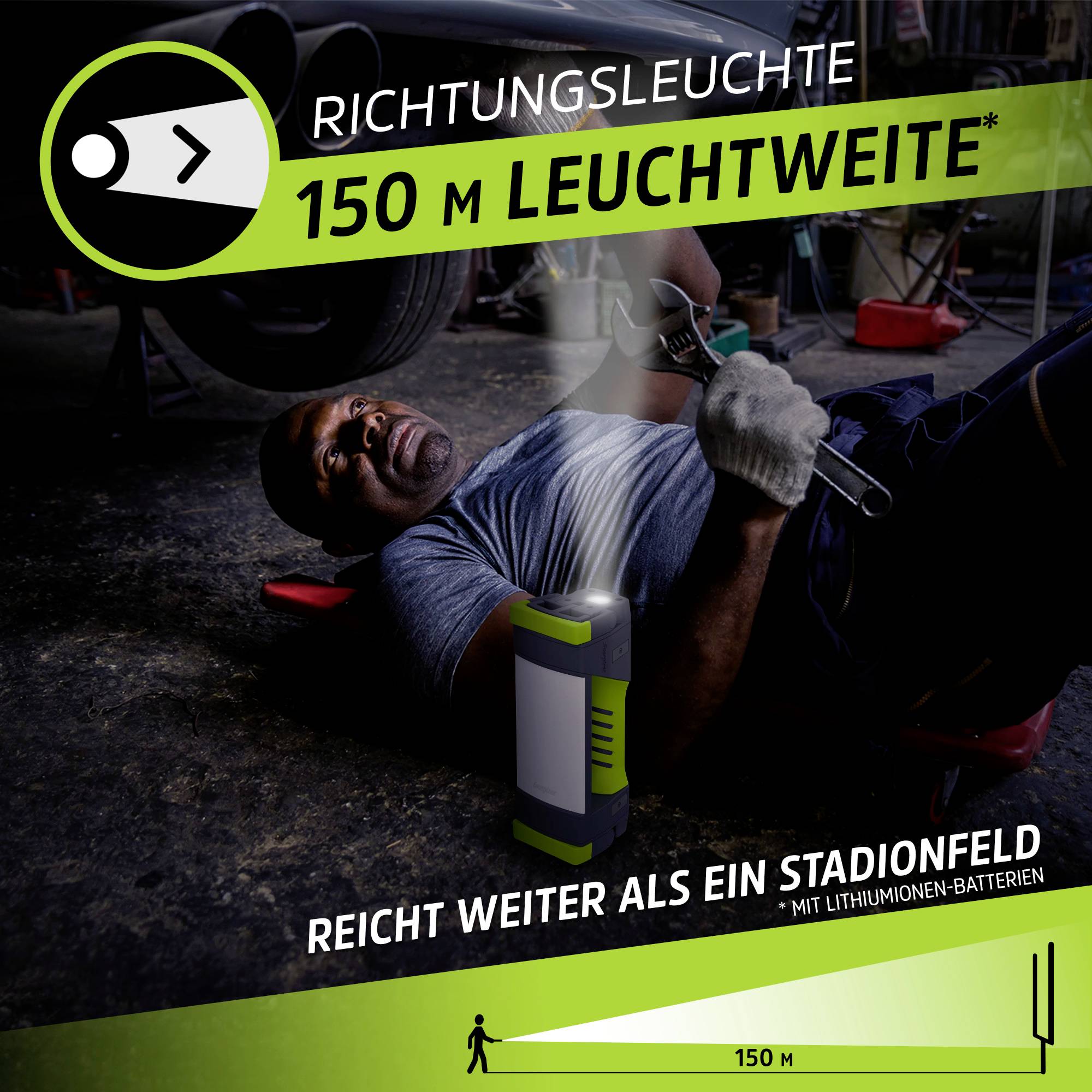 'Richtungsleuchte mit 150 m Leuchtweite, ideal für große Flächen. Darstellung einer Batterie mit Abdeckung von mehr als 150 m.'