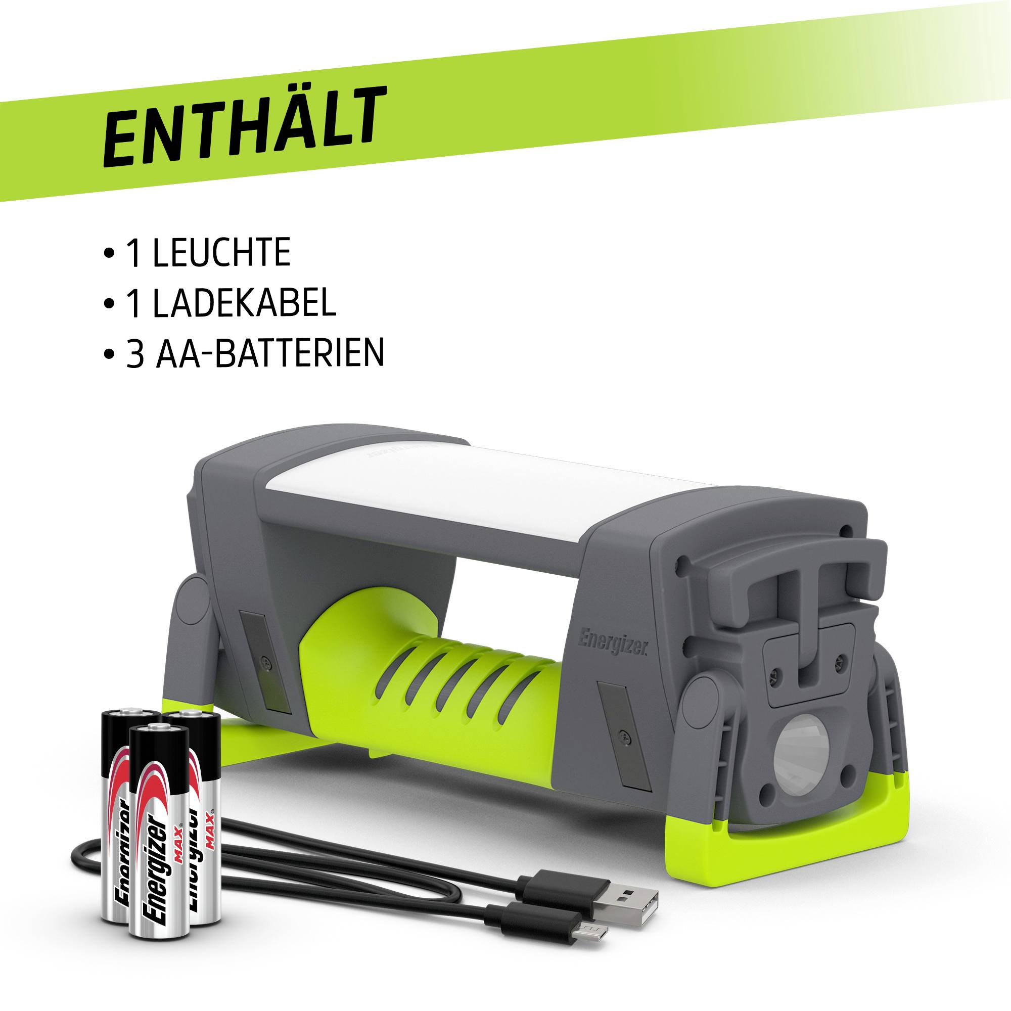 'Nachtlicht: Enthält 1 Leuchte, 1 Ladekabel, 3 AA-Batterien. Gezeigt: graue und grüne Leuchte mit Batterien und USB-Kabel.'