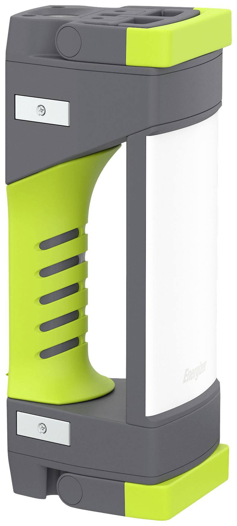 Tragbare LED-Lampe mit grauem und grünem Design, geeignet für Camping oder Werkzeugeinsatz. Steckverbinder oben sichtbar.