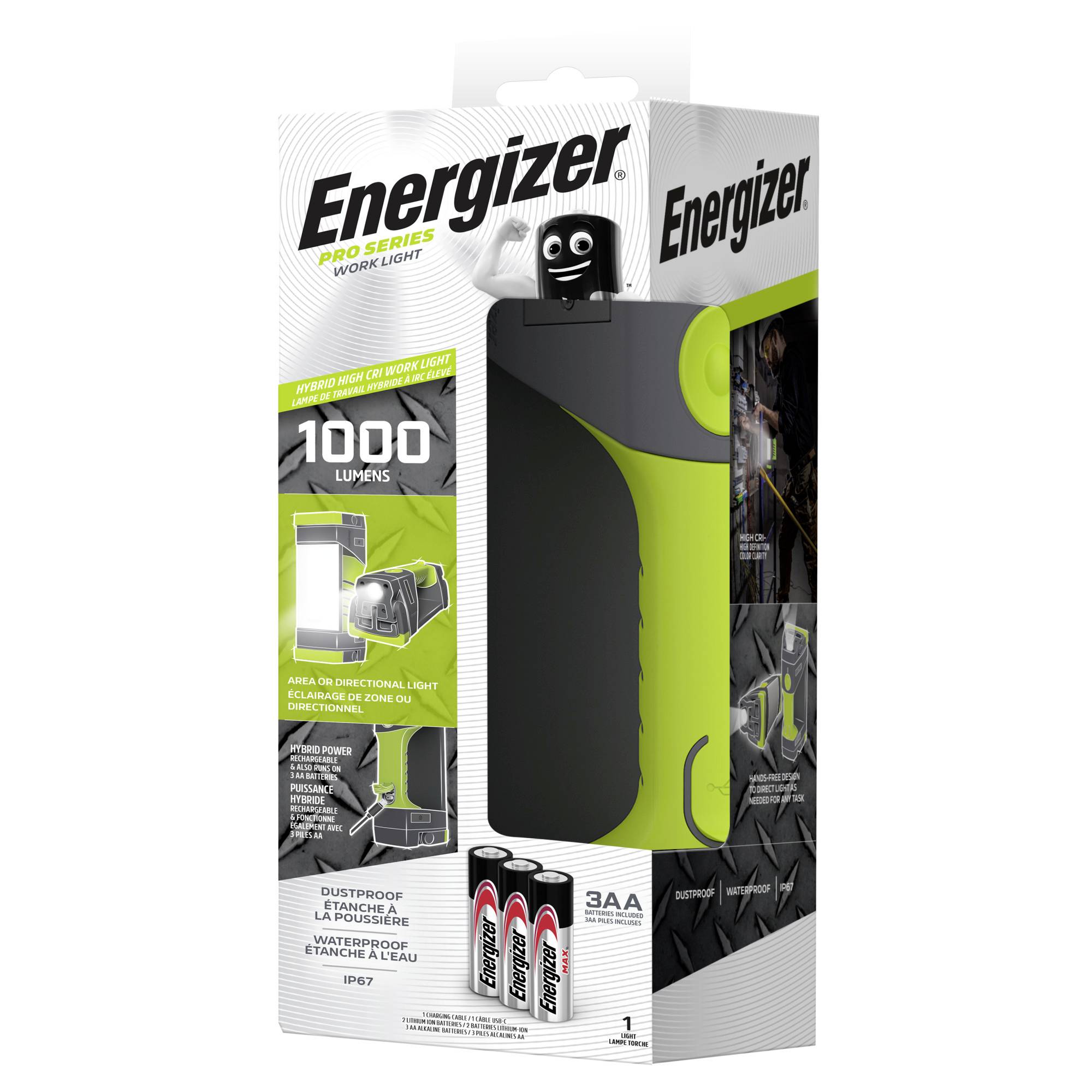 Verpackung für die 'Energizer Pro Series Work Light' mit 1000 Lumen, robust und wasserfest. Enthält drei AA-Batterien im Lieferumfang.