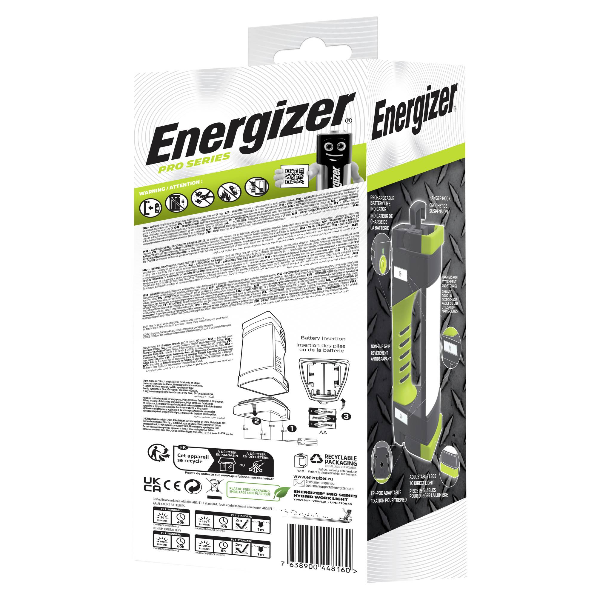 'Verpackung des Energizer Pro Series Batterieladegeräts mit Produktbildern, technischen Details, Sicherheits- und Gebrauchsanweisungen.'