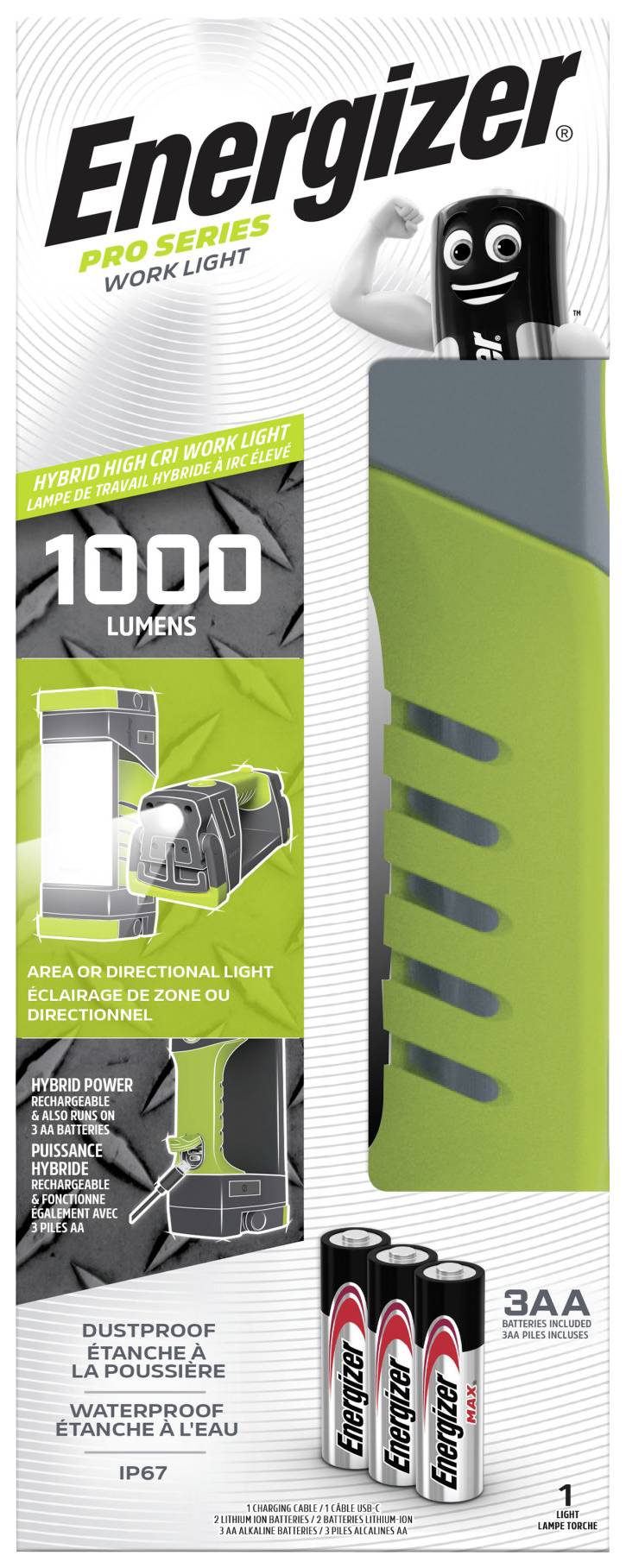 'Verpackung einer Energizer Pro Series Arbeitsleuchte, 1000 Lumen, staub- und wasserdicht IP67, benötigt 3 AA-Batterien.'