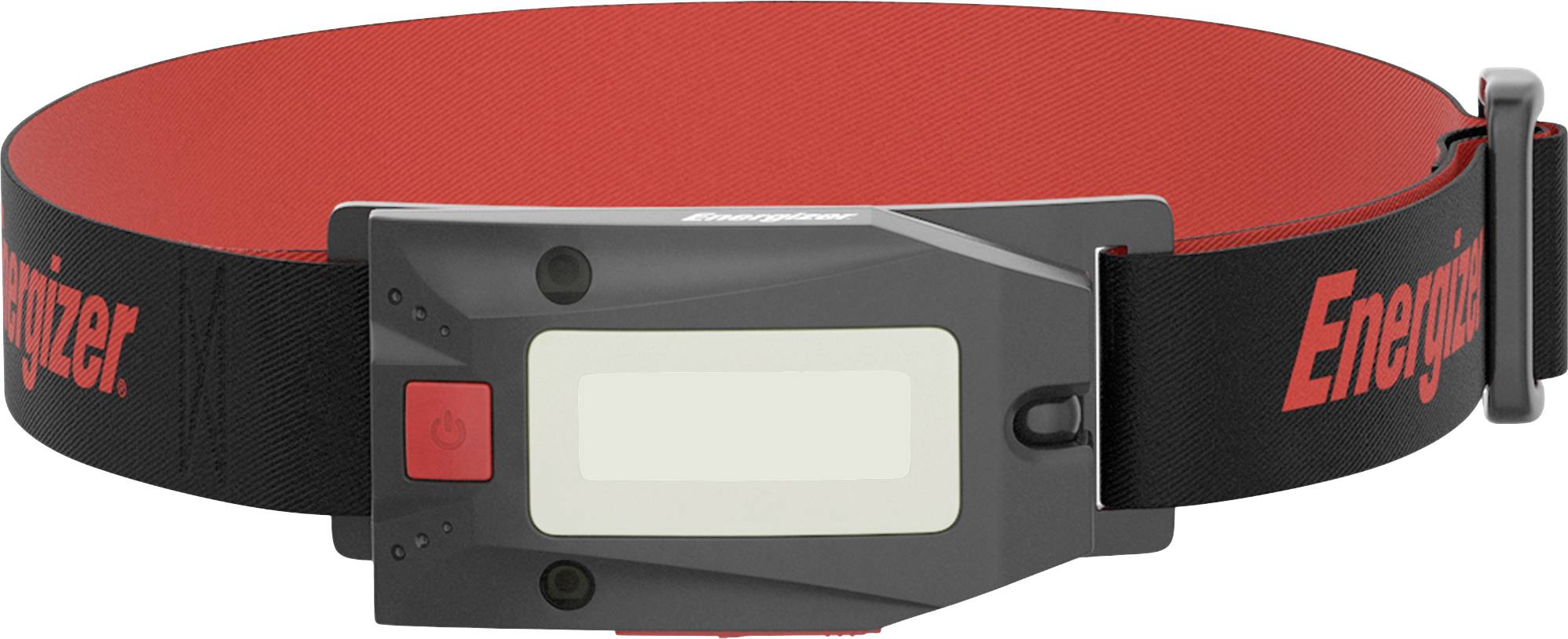 Stirnlampe mit breitem, roten Band und schwarzem Gehäuse. Auf dem Band steht 'Energizer'. Die Lampe hat einen großen, weißen Lichtbereich.