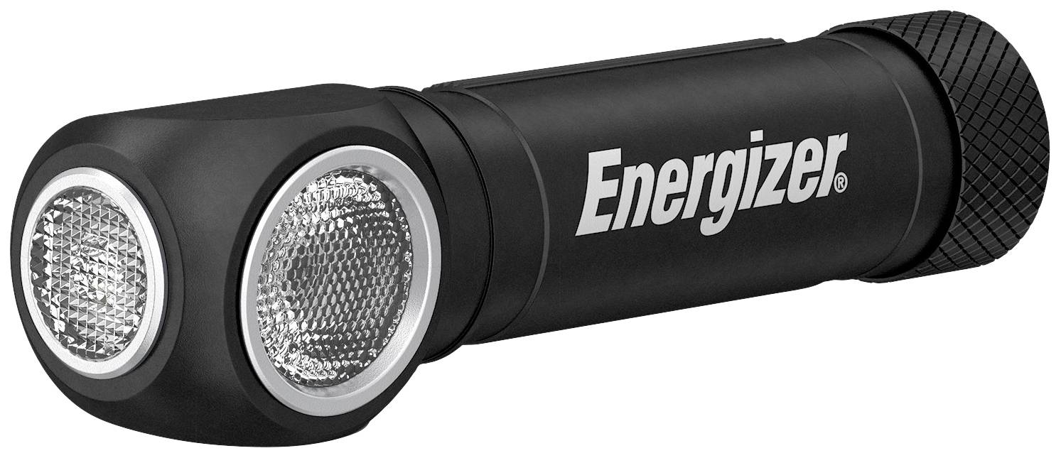 Schwarze Taschenlampe mit zwei runden Linsen und der Aufschrift 'Energizer' auf der Seite.