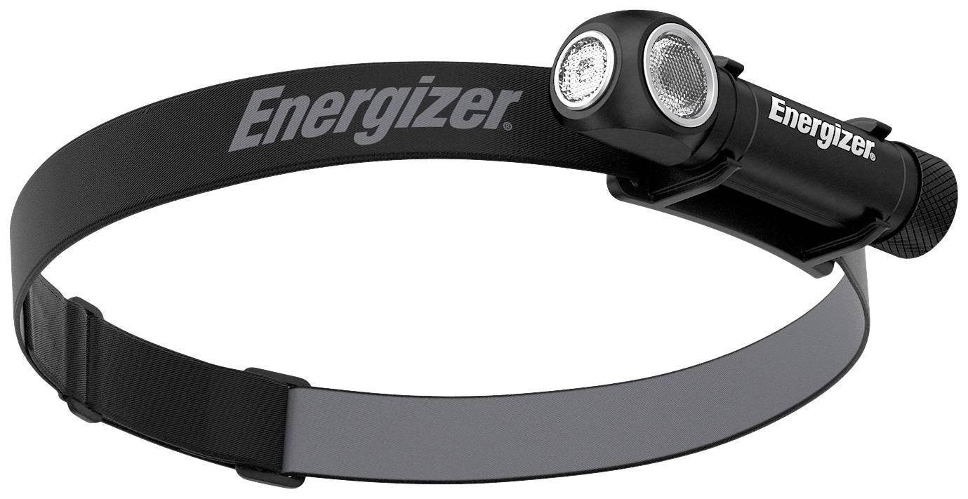 Kopflampe von Energizer mit zwei LED-Lichtern auf einem verstellbaren schwarzen Stirnband, geeignet für Outdoor-Aktivitäten.