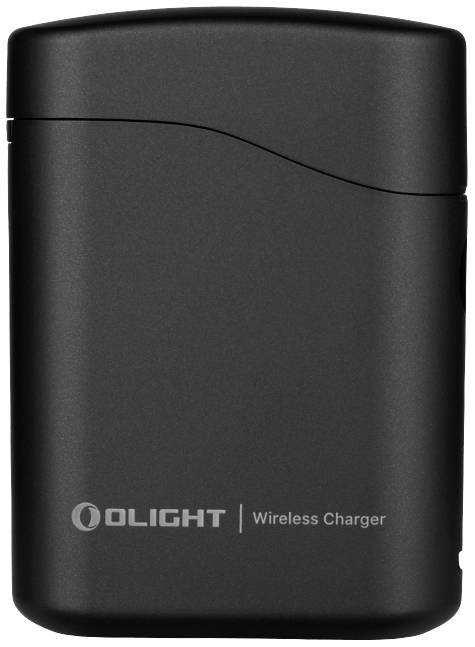 Schwarzes tragbares kabelloses Ladegerät von Olight mit schlichtem Design und Logo-Aufschrift in Silber unten.