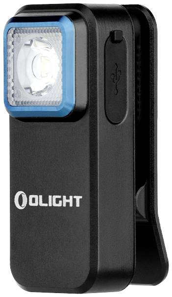 Schwarze tragbare Taschenlampe mit Clip und USB-Ladeanschluss, Marke 'Olight', für vielseitige Beleuchtungszwecke geeignet.