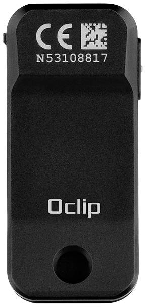 Schwarzes Gerät mit der Aufschrift 'Oclip', Seriennummer 'N53108817' und CE-Kennzeichnung oben.