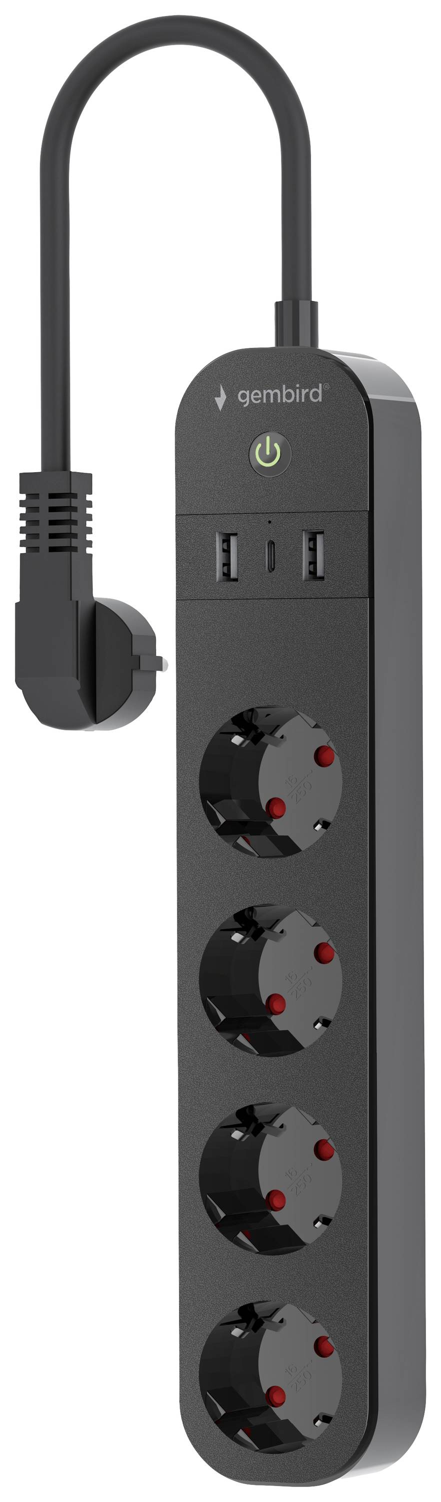 Eine schwarze Steckdosenleiste von Gembird mit vier Steckplätzen und zwei USB-Anschlüssen, ideal zum Laden mehrerer Geräte.