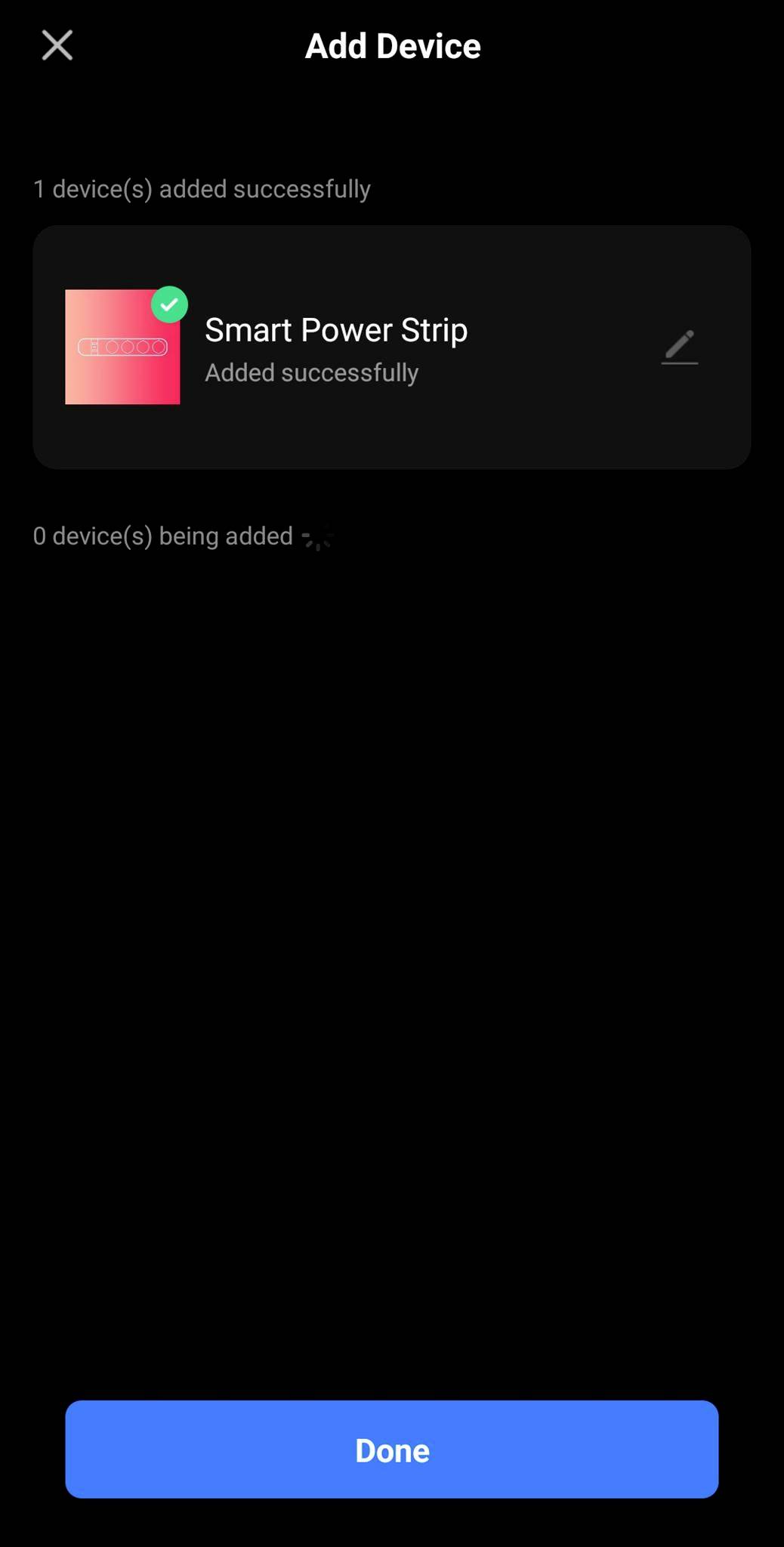 'Smart Power Strip' wurde erfolgreich hinzugefügt, ein Gerät verfügbar. Schaltfläche 'Fertig' unten zum Abschließen der Aktion.