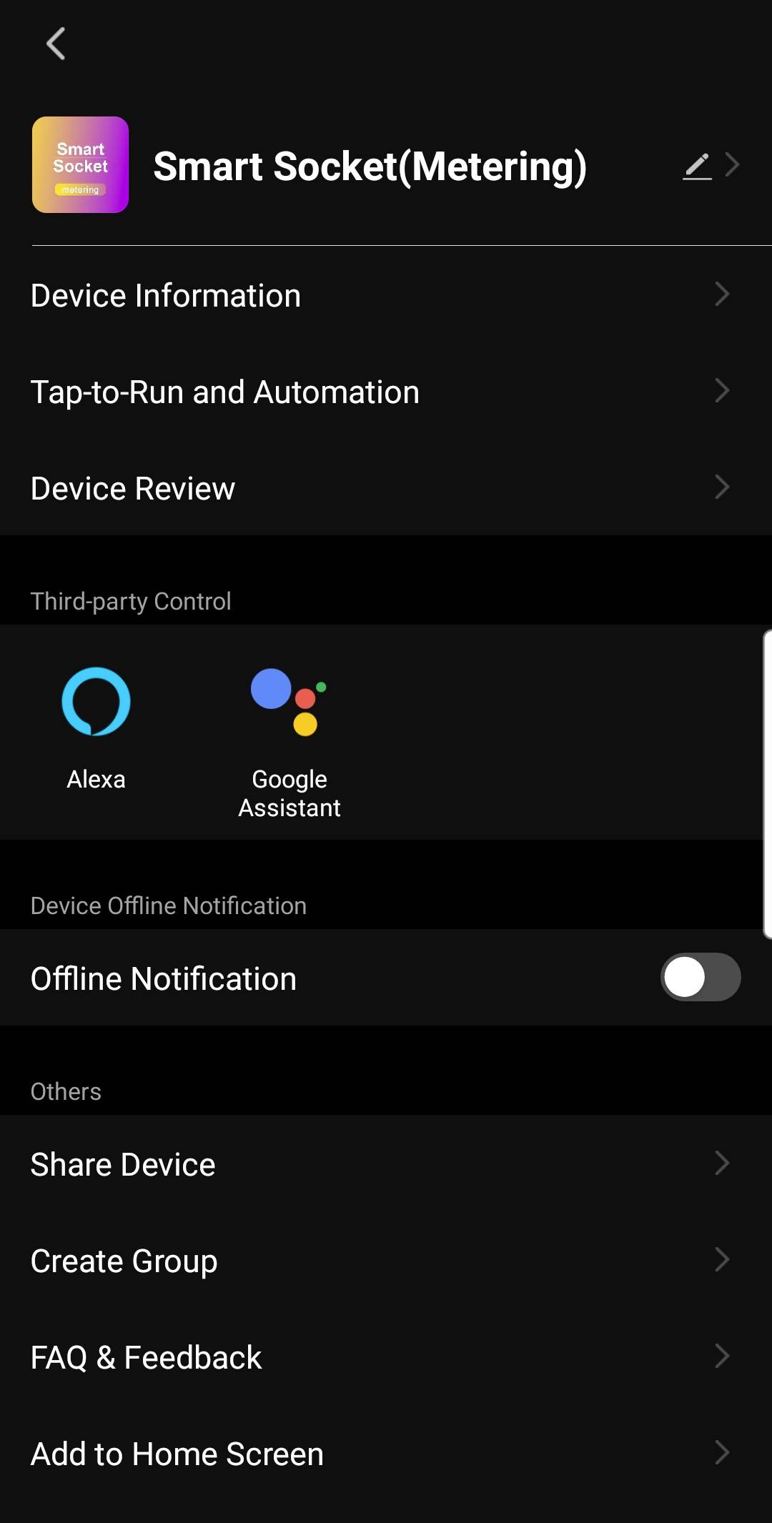 'Smart Socket (Metering)'-App-Bildschirm: Optionen zur Geräteinformation, Tap-to-Run, Automatisierung, Rezension, und Drittanbieter-Steuerung.
