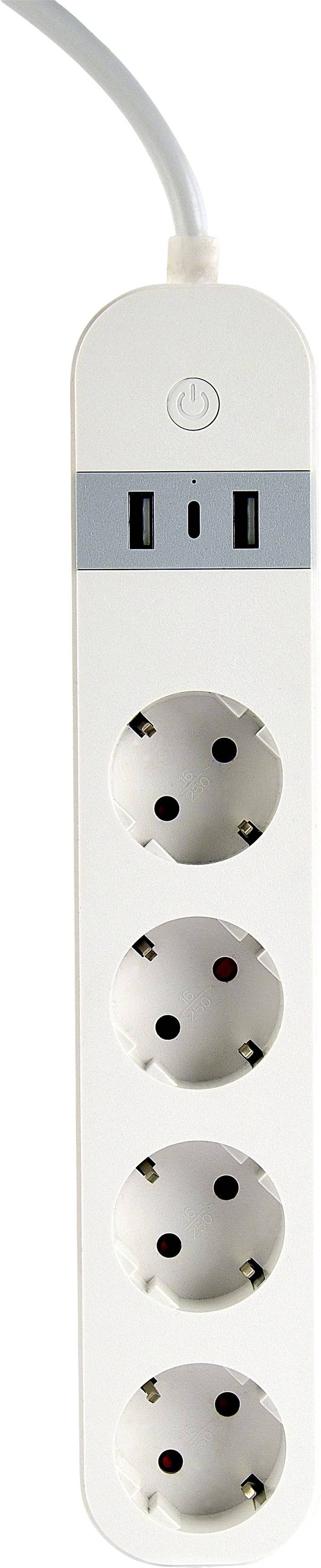 Eine weiße Steckdosenleiste mit vier Steckplätzen und zwei USB-Anschlüssen, verbunden mit einem Kabel.
