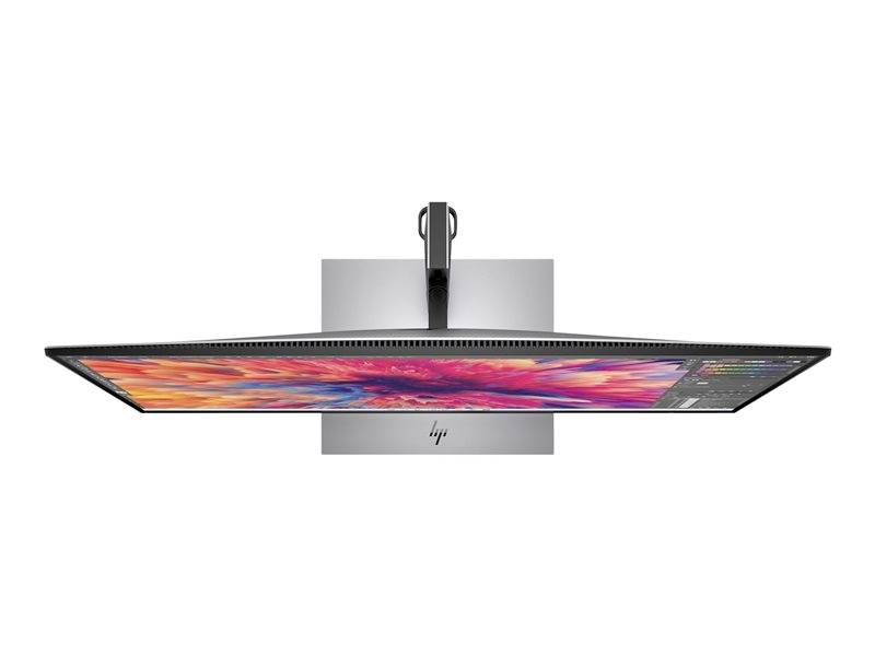 Ein ultraflacher Computermonitor von oben gesehen, auf dem leuchtende Farben angezeigt werden. Markenzeichen sichtbar auf der Rückseite.