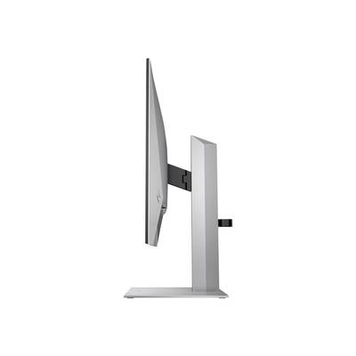 Ein seitliches Ansichtsbild eines modernen Computer-Monitors. Der Monitor hat ein dünnes Profil und steht auf einem stabilen Metallständer.