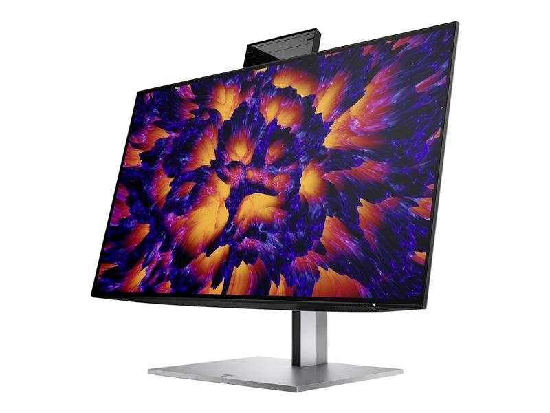 Computermonitor mit einem bunten, abstrakten Bildschirmmuster; modernes Design mit schmalem Rahmen und integrierte Kamera oben.