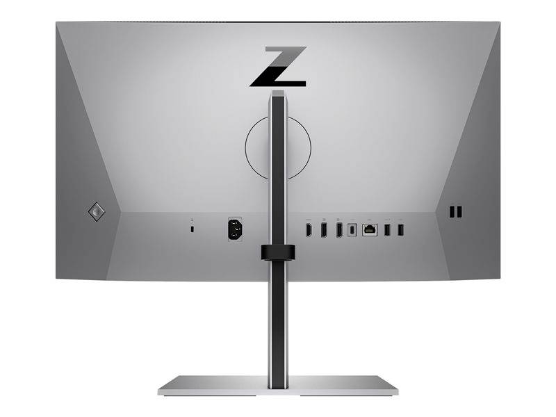 Rückseite eines modernen Computermonitors mit mehreren Anschlussmöglichkeiten und einem verstellbaren Standfuß.