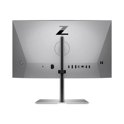 Rückseite eines modernen Computermonitors mit mehreren Anschlussmöglichkeiten und einem verstellbaren Standfuß.