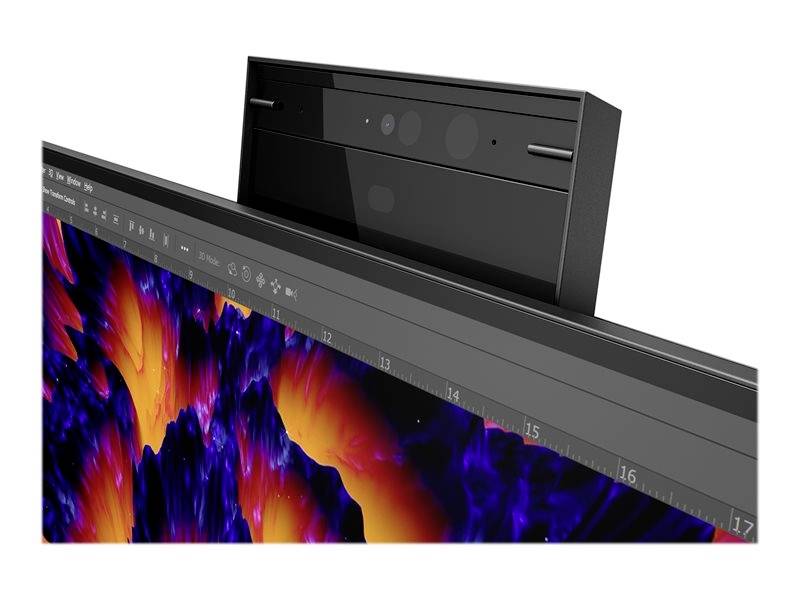 Ein Monitor zeigt ein Grafikprogramm mit einem bunten Design in Rot, Blau und Lila. Oben ist eine schwarze Webcam-Einheit viduell zu sehen.
