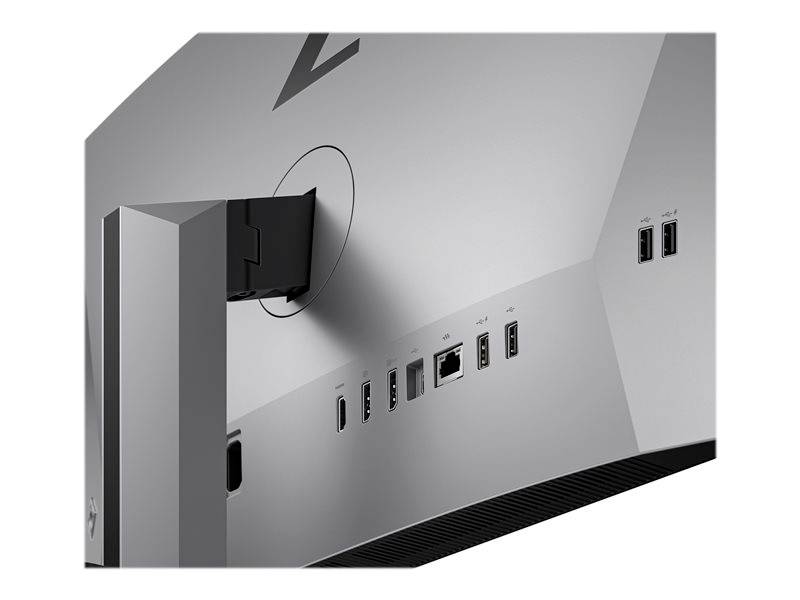 Rückansicht eines Monitors mit mehreren Anschlüssen, darunter HDMI, Ethernet und USB. Der Monitor ist in einem schlichten, modernen Design.