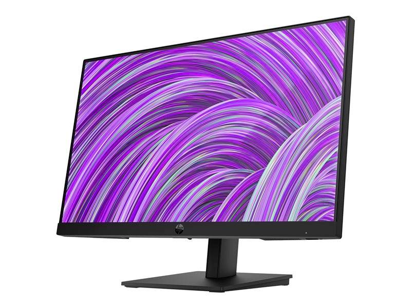 Ein Computermonitor zeigt ein Display mit wellenförmigen lila und weißen Mustern. Der Monitor steht auf einem schwarzen Standfuß.