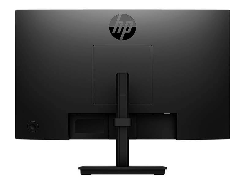 Schwarzer Computermonitor von hinten, Marke HP, mit rechteckigem Standfuß in der Mitte.