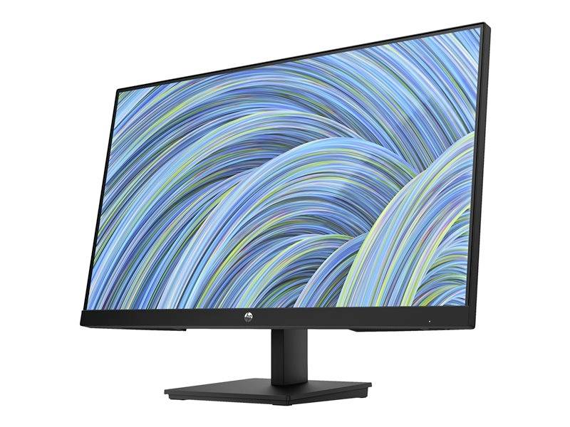 Ein schwarzer Computerbildschirm mit einem blauen und grünen abstrakten Hintergrundmuster auf dem Display, steht auf einem Tisch.