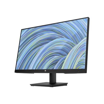 Ein schwarzer Computerbildschirm mit einem blauen und grünen abstrakten Hintergrundmuster auf dem Display, steht auf einem Tisch.